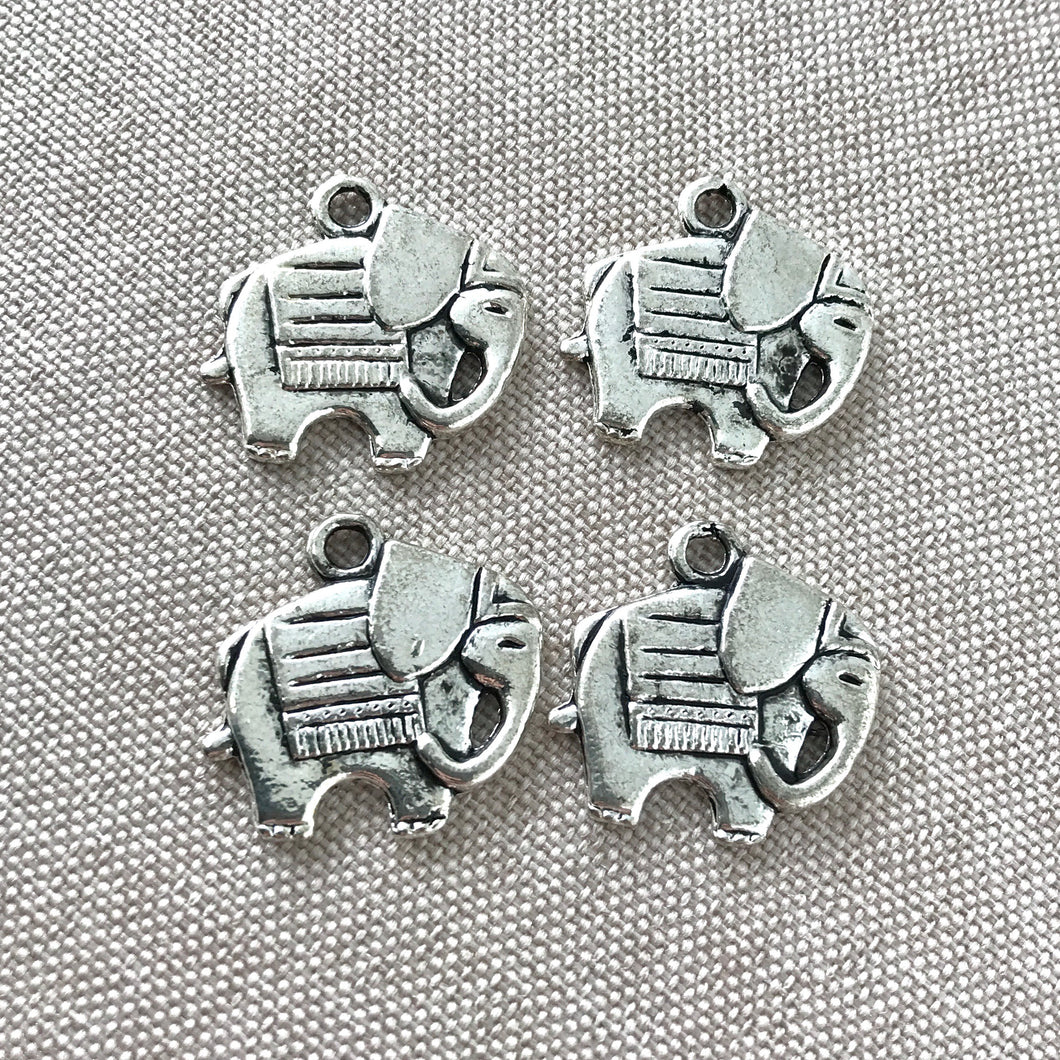 Silver Elephant Charms - Silver Plated - 20mm - Textured One sided - Animals - Package of 4 Charms - The Attic Exchange