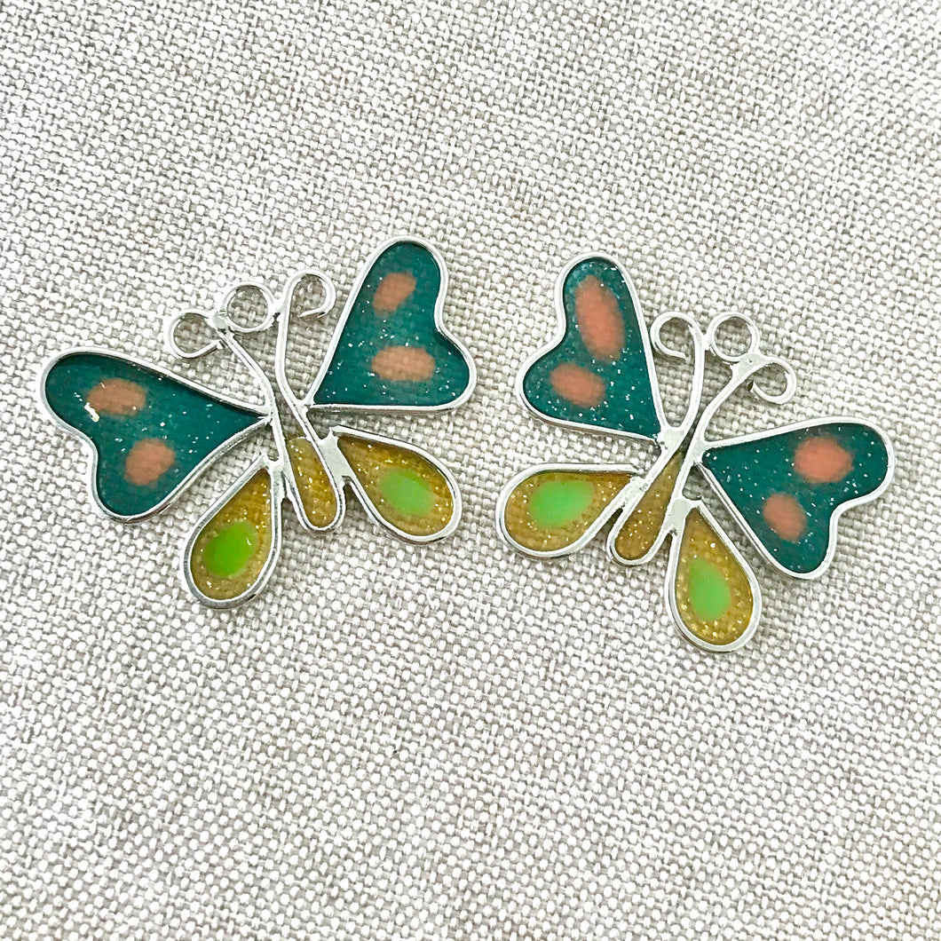 Enamel Coated Butterflies - Blue and Green Glittery - 29mm x 25mm - Package of 2 Charms - The Attic Exchange