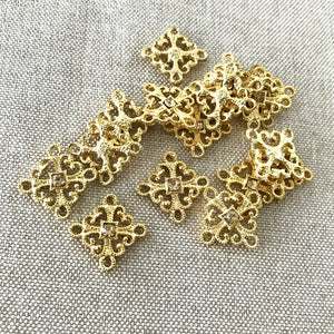 Smokey Topaz Crystal Gold Plated Filigree Connector Charms - Gold Plated - Square - Package of 16 Charms - The Attic Exchange