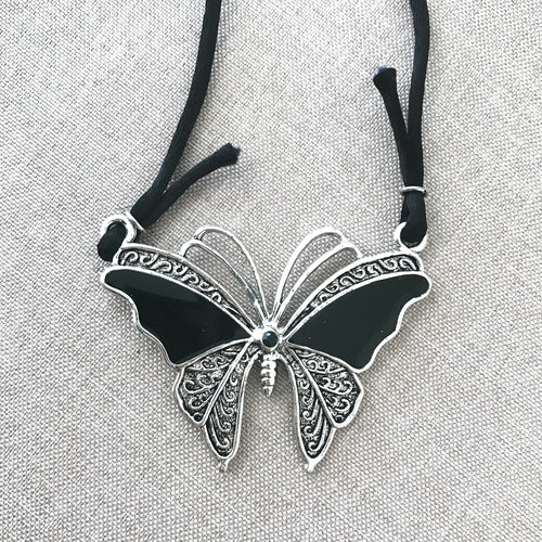 Black Enameled and Antiqued Silver Butterfly Pendant with Black Rattail Cord - 60mm x 45mm - Package of 1 Pendant with Cord - The Attic Exchange