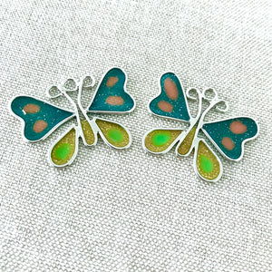 Enamel Coated Butterflies - Blue and Green Glittery - 29mm x 25mm - Package of 2 Charms - The Attic Exchange