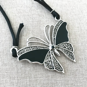 Black Enameled and Antiqued Silver Butterfly Pendant with Black Rattail Cord - 60mm x 45mm - Package of 1 Pendant with Cord - The Attic Exchange
