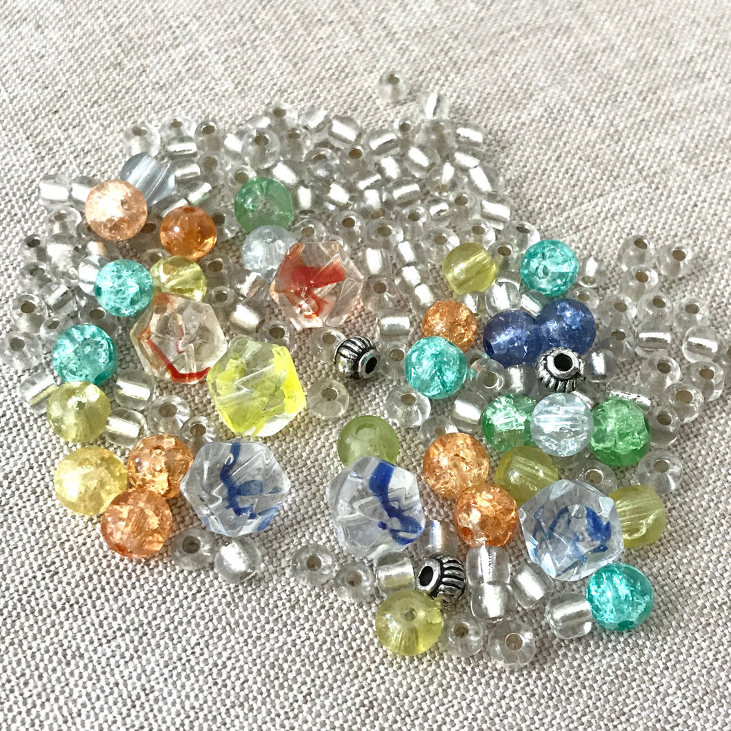 Glass Bead Mix - Orange Blue Green Yellow - Assorted Sizes and Colors - Package of what is shown - The Attic Exchange