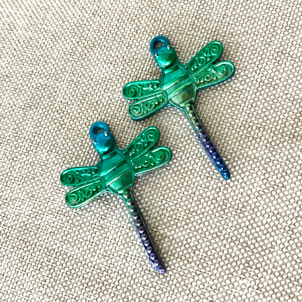 Blue and Green Enamel Painted Dragonfly Charms - 30mm x 21mm - Package of 2 Dragonflies - The Attic Exchange