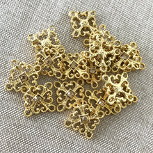 Load image into Gallery viewer, Smokey Topaz Crystal Gold Plated Filigree Connector Charms - Gold Plated - Square - Package of 16 Charms - The Attic Exchange