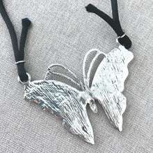 Load image into Gallery viewer, Black Enameled and Antiqued Silver Butterfly Pendant with Black Rattail Cord - 60mm x 45mm - Package of 1 Pendant with Cord - The Attic Exchange
