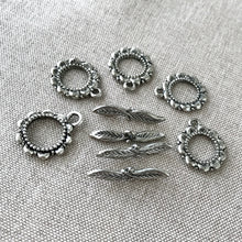 Load image into Gallery viewer, Antique Silver Flower and Leaf Toggle Clasps - Flower and Leaf - Antiqued Silver - Round - Package of 4 Sets - The Attic Exchange