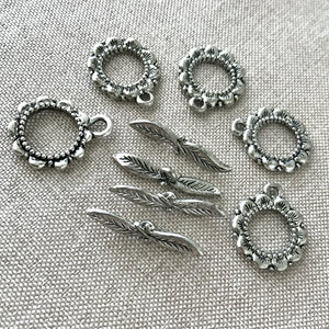 Antique Silver Flower and Leaf Toggle Clasps - Flower and Leaf - Antiqued Silver - Round - Package of 4 Sets - The Attic Exchange