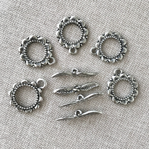 Antique Silver Flower and Leaf Toggle Clasps - Flower and Leaf - Antiqued Silver - Round - Package of 4 Sets - The Attic Exchange