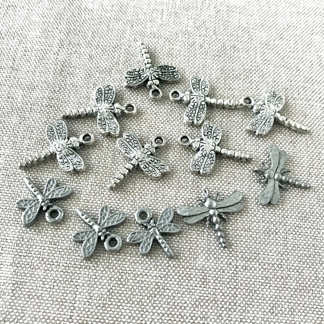 Pewter Silver Dragonfly Charm Lot - Pewter Silver Dragonfly - 14mm to 19mm - Package of 12 Charms - The Attic Exchange