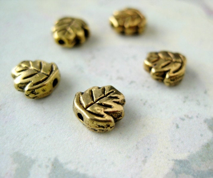 Gold Plated Tibetan Silver Leaf Beads - Double Sided - Solid - Pack of 5 beads - The Attic Exchange