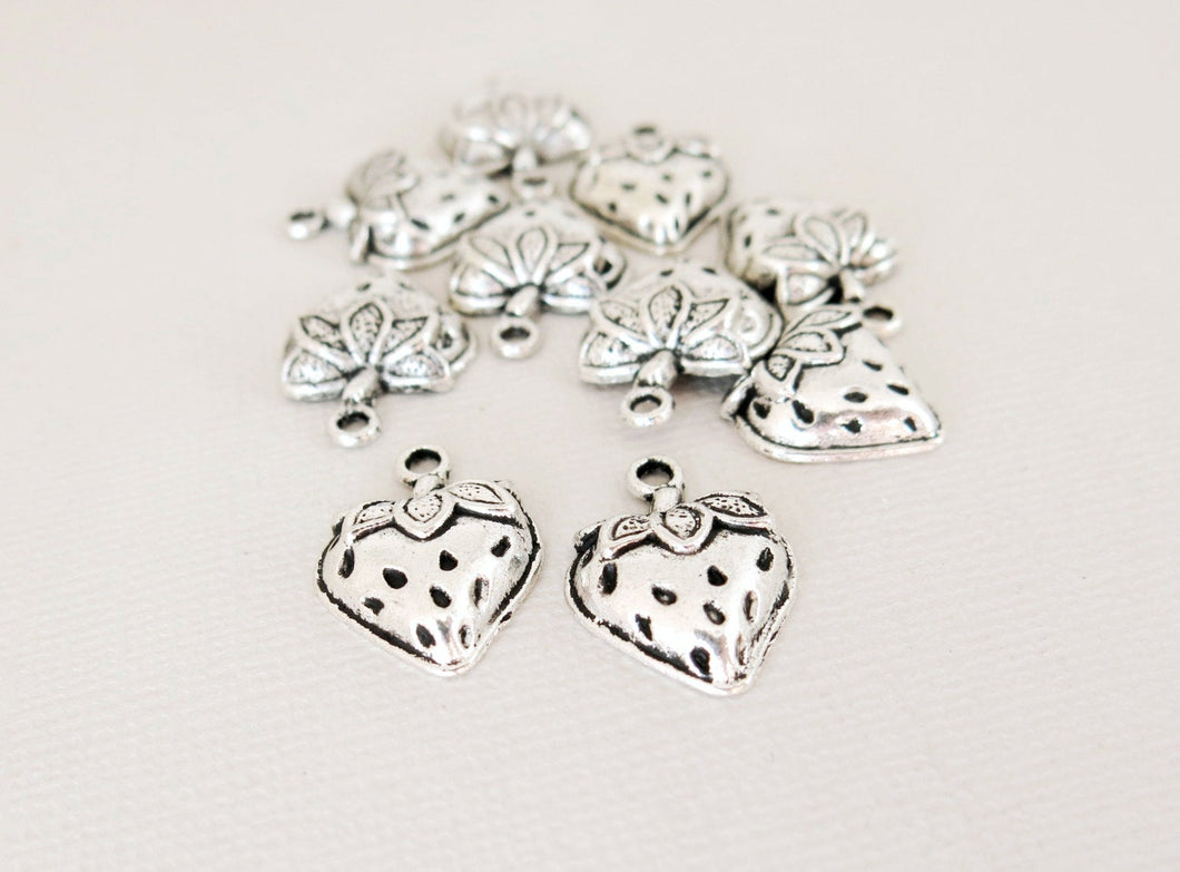 Strawberry Charms - 20mm x 14.5mm - Tibetan Silver - Pewter - hollow back - The Attic Exchange