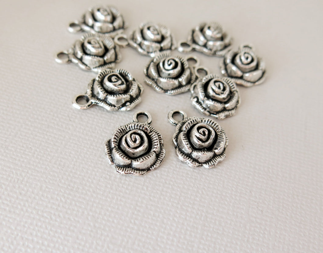 Rose Charms - 17mm x 14mm - Tibetan Silver - Pewter - hollow back - 3D - The Attic Exchange