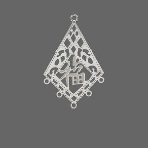 Drop, Lazer Lace™, silver-finished brass, 29x22mm kite with "Good luck" symbol with 5 loops - Sold per pkg of 16 - The Attic Exchange