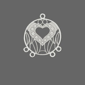 Drop, Lazer Lace™, silver-finished brass, 22mm round with heart, 4 loops. Sold per pkg of 20. - The Attic Exchange