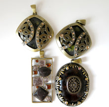 Load image into Gallery viewer, Contemporary Bohemian Antiqued Bronze Gold with Bail Pendants - Set of 4 - With enameling and rhinestones - Green Brown Amber Orange Purple - The Attic Exchange